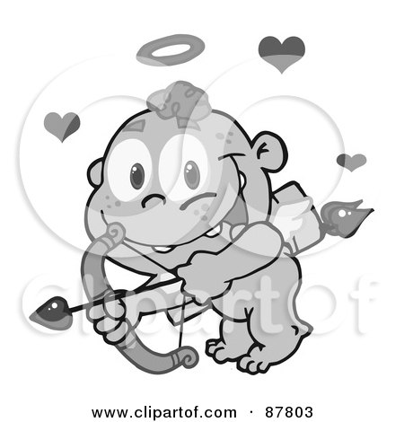 Royalty-Free (RF) Clipart Illustration of a Grayscale Cupid Flying With An Arrow, Halo And Hearts by Hit Toon