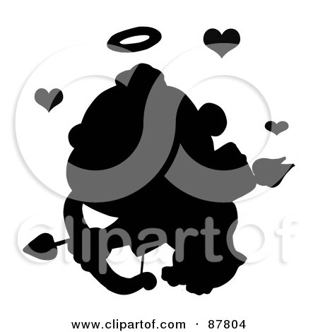 Royalty-Free (RF) Clipart Illustration of a Black Silhouetted Cupid Flying With An Arrow, Halo And Hearts by Hit Toon
