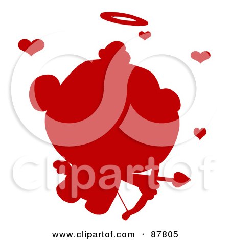 Royalty-Free (RF) Clipart Illustration of a Red Cupid Silhouette Flying With An Arrow, Halo And Hearts by Hit Toon