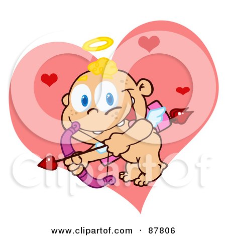 Royalty-Free (RF) Clipart Illustration of a Flying Cupid Baby Ready To Do Some Match Making In Front Of A Pink Heart by Hit Toon