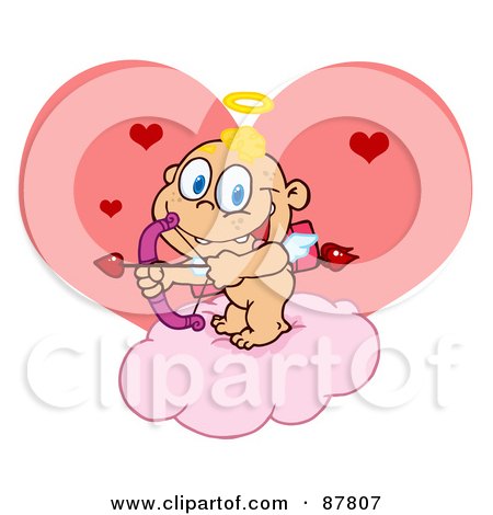 Royalty-Free (RF) Clipart Illustration of a Cupid Baby Aiming An Arrow On A Cloud In Front Of A Heart by Hit Toon