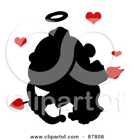 Royalty-Free (RF) Clipart Illustration of a Black Cupid Silhouette Flying With An Arrow, Halo And Red Hearts by Hit Toon