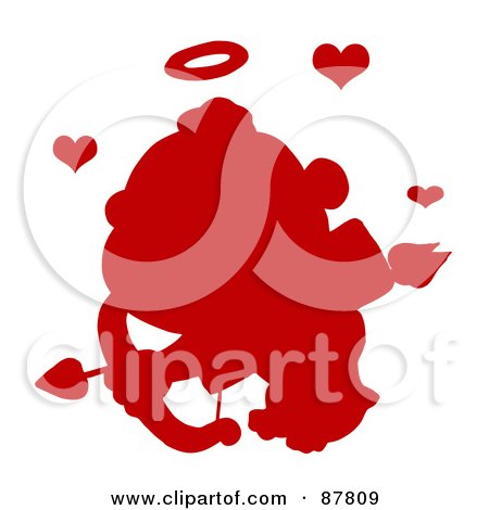 Royalty-Free (RF) Clipart Illustration of a Red Silhouetted Cupid Flying With An Arrow, Halo And Hearts by Hit Toon