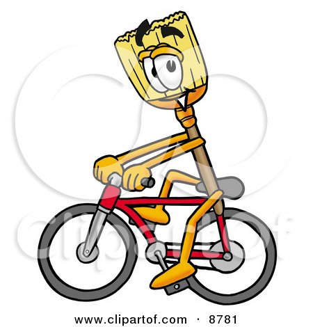 Clipart Picture of a Broom Mascot Cartoon Character Riding a Bicycle by Mascot Junction