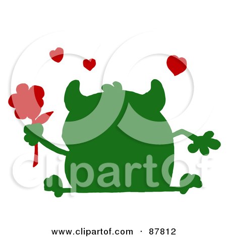 Royalty-Free (RF) Clipart Illustration of a Green Silhouetted Monster Holding A Red Flower, With Red Hearts by Hit Toon