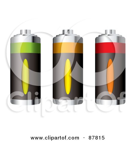 Royalty-Free (RF) Clipart Illustration of a Digital Collage Of Three Rechargeable Batteries At Different Charge Levels by michaeltravers