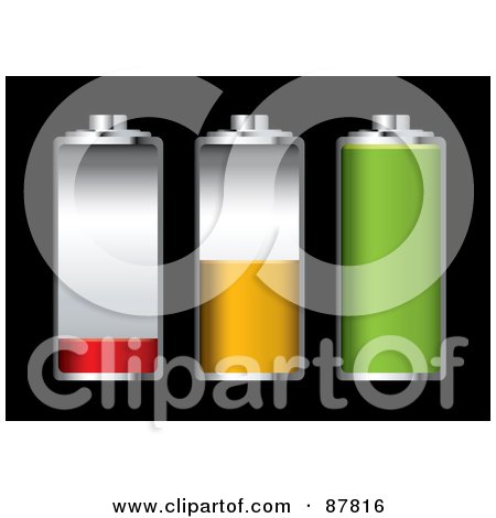 Royalty-Free (RF) Clipart Illustration of a Digital Collage Of Three Batteries At Different Charge Levels by michaeltravers