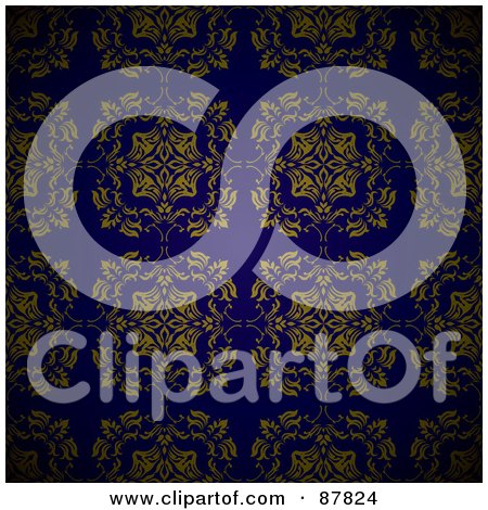 Royalty-Free (RF) Clipart Illustration of a Seamless Wallpaper Background Of Golden Floral Designs On Blue by michaeltravers