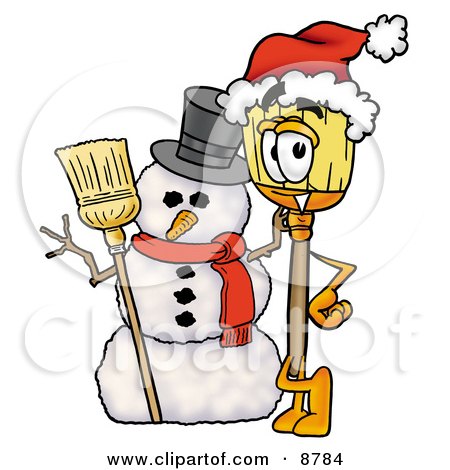 Clipart Picture of a Broom Mascot Cartoon Character With a Snowman on Christmas by Mascot Junction