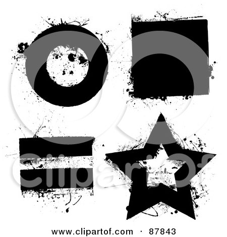 Royalty-Free (RF) Clipart Illustration of a Digital Collage Of A Grungy Black Splatter Circle, Square, Rectangle And Star by michaeltravers