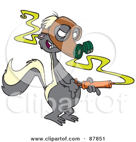 Royalty-Free (RF) Clipart Illustration of a Stinky Skunk Wearing A Gas Mask And Spraying by toonaday