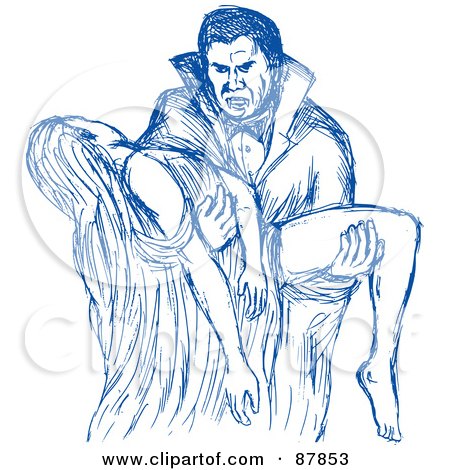 Royalty-Free (RF) Clipart Illustration of a Blue Sketch Of A Vampire Carrying A Female Victim In His Arms by patrimonio