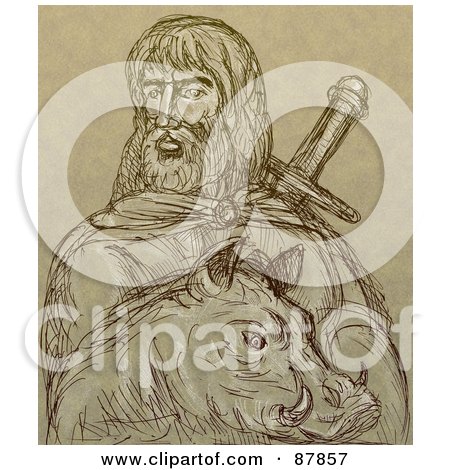 Royalty-Free (RF) Clipart Illustration of a Brown Sketch Of Freyr And A Boar by patrimonio