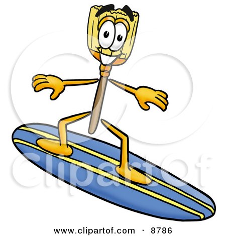 Clipart Picture of a Broom Mascot Cartoon Character Surfing on a Blue and Yellow Surfboard by Mascot Junction