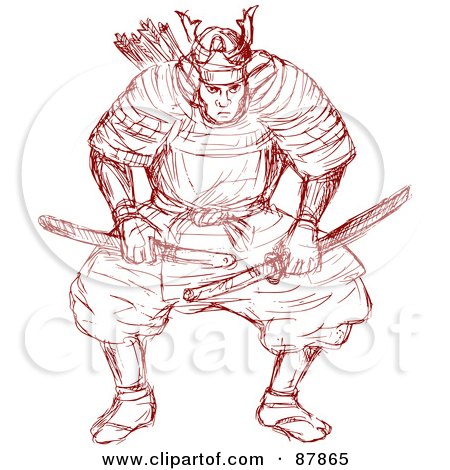 Royalty-Free (RF) Clipart Illustration of a Red Sketch Of A Frontal View Of A Samurai Warrior by patrimonio