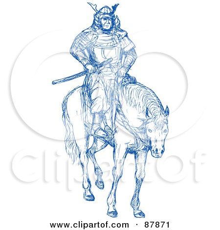 Royalty-Free (RF) Clipart Illustration of a Blue Sketch Of A Samurai Warrior On Horseback by patrimonio