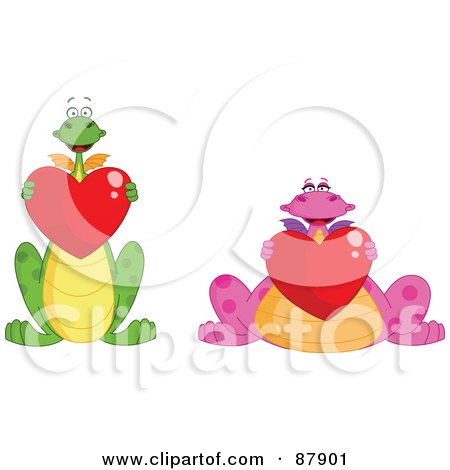 Royalty-Free (RF) Clipart Illustration of a Digital Collage Of Pink And Green Dragons Holding Shiny Red Hearts by yayayoyo