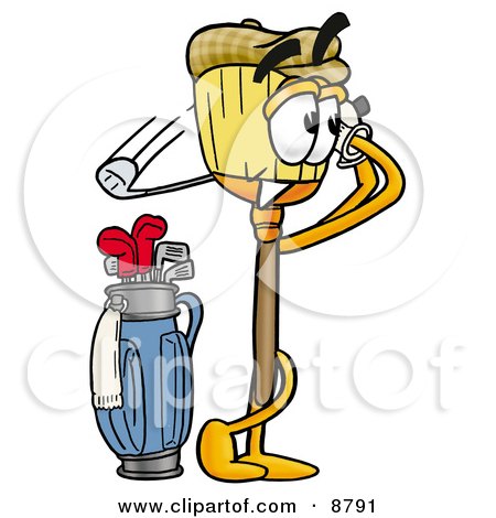 Clipart Picture of a Broom Mascot Cartoon Character Swinging His Golf Club While Golfing by Mascot Junction
