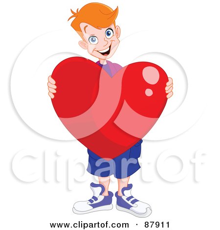 Royalty-Free (RF) Clipart Illustration of a Sweet Red Haired Teen Boy Holding A Giant Red Heart by yayayoyo