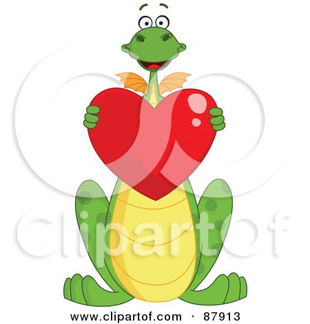 Royalty-Free (RF) Clipart Illustration of a Cute Green Dragon Holding A Shiny Red Heart by yayayoyo
