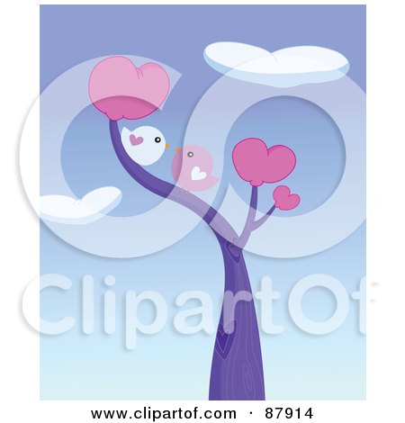 Royalty-Free (RF) Clipart Illustration of Cute Love Birds Smooching In A Heart Tree Under Heart Clouds by yayayoyo