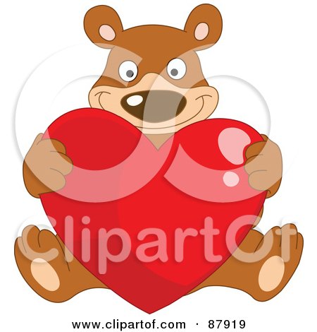 Royalty-Free (RF) Clipart Illustration of a Sweet Bear Sitting And Holding Up A Large Red Shiny Heart by yayayoyo