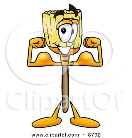 Clipart Picture of a Broom Mascot Cartoon Character Flexing His Arm Muscles by Mascot Junction
