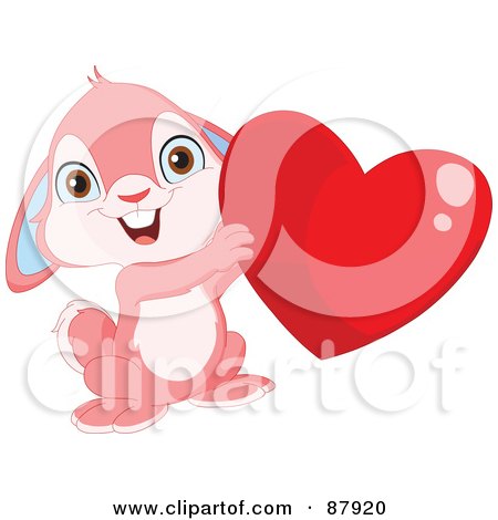 Royalty-Free (RF) Clipart Illustration of a Cute Pink Bunny Rabbit Holding Up A Shiny Red Heart by yayayoyo