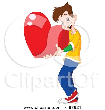 Royalty-Free (RF) Clipart Illustration of a Sweet Brunette Teen Boy Holding A Giant Red Heart by yayayoyo
