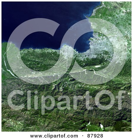 Royalty-Free (RF) Clipart Illustration of an Aerial 3d View Of The Port-Au-Prince Region In Haiti, January 21st 2010 by JVPD