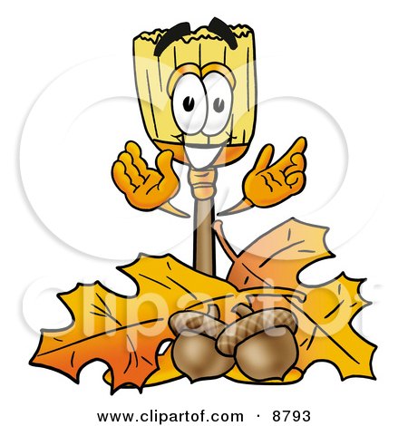 Clipart Picture of a Broom Mascot Cartoon Character With Autumn Leaves and Acorns in the Fall by Mascot Junction
