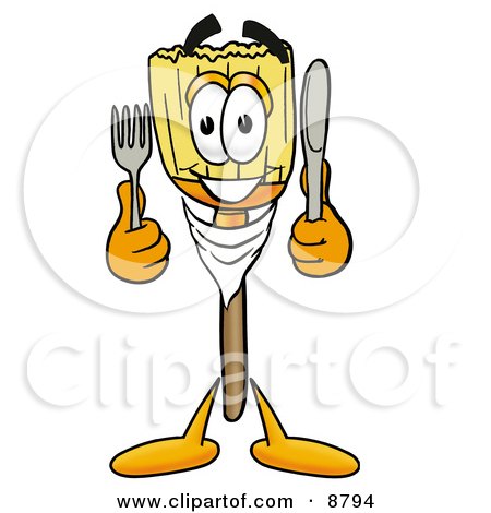 Clipart Picture of a Broom Mascot Cartoon Character Holding a Knife and Fork by Mascot Junction
