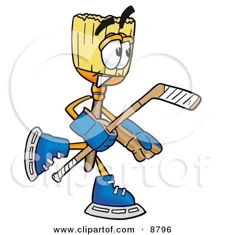 Clipart Picture of a Broom Mascot Cartoon Character Playing Ice Hockey by Mascot Junction