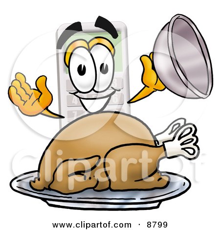 Clipart Picture of a Calculator Mascot Cartoon Character Serving a Thanksgiving Turkey on a Platter by Mascot Junction
