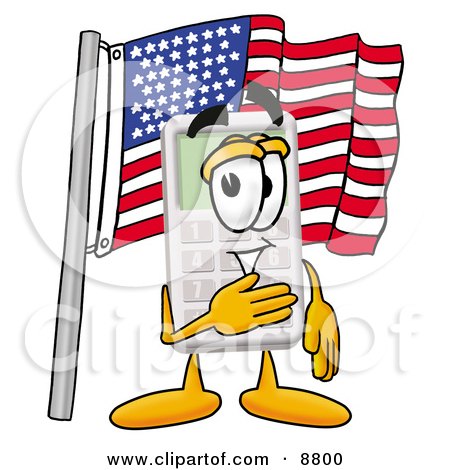 Clipart Picture of a Calculator Mascot Cartoon Character Pledging Allegiance to an American Flag by Mascot Junction