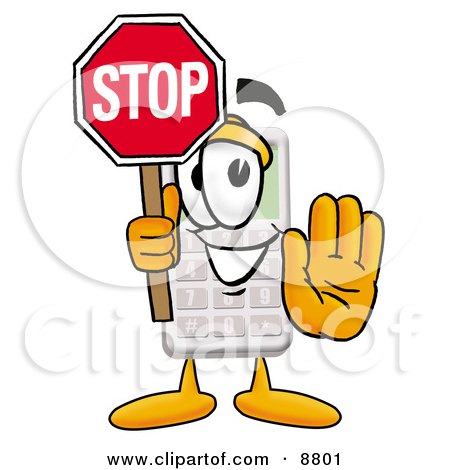 Clipart Picture of a Calculator Mascot Cartoon Character Holding a Stop Sign by Mascot Junction