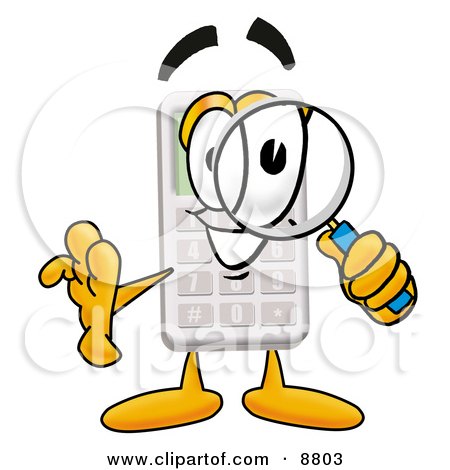 Clipart Picture of a Calculator Mascot Cartoon Character Looking Through a Magnifying Glass by Mascot Junction