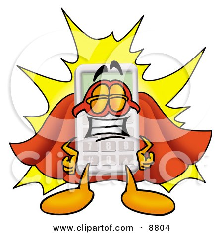 Clipart Picture of a Calculator Mascot Cartoon Character Dressed as a Super Hero by Mascot Junction