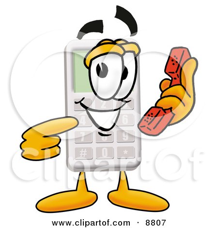 Clipart Picture of a Calculator Mascot Cartoon Character Holding a Telephone by Mascot Junction