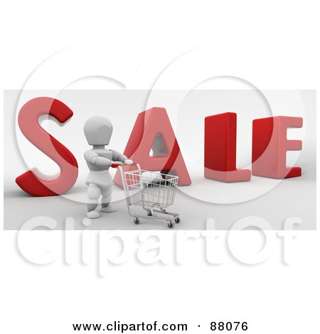 Royalty-Free (RF) Clipart Illustration of a 3d White Character And Shopping Cart In Front Of SALE by KJ Pargeter