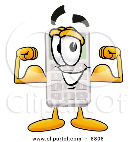 Clipart Picture of a Calculator Mascot Cartoon Character Flexing His Arm Muscles by Mascot Junction