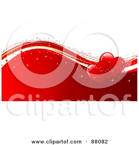 Royalty-Free (RF) Clipart Illustration of Two Shiny Red Hearts With Sparkles On Waves Over Red And White  by KJ Pargeter