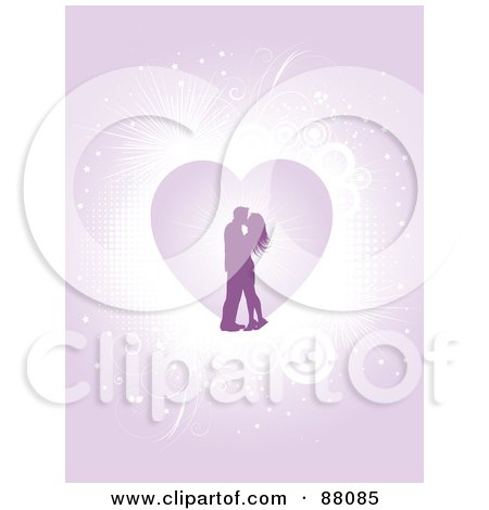 Royalty-Free (RF) Clipart Illustration of a Purple Silhouetted Couple Over A Heart With Halftone, Circles And Vines Over Purple by KJ Pargeter