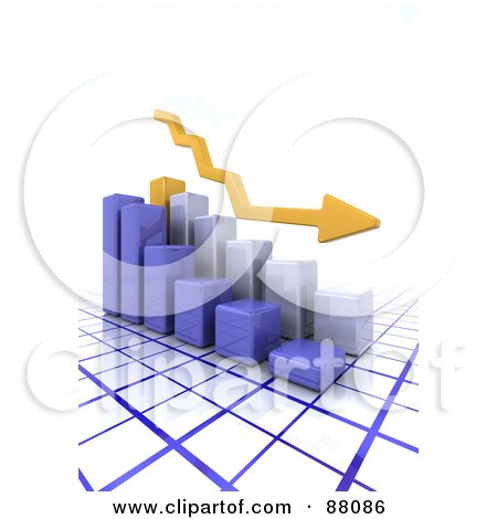 Royalty-Free (RF) Clipart Illustration of a Yellow 3d Arrow Above A Declining Bar Graph On Blue Grid Lines by KJ Pargeter