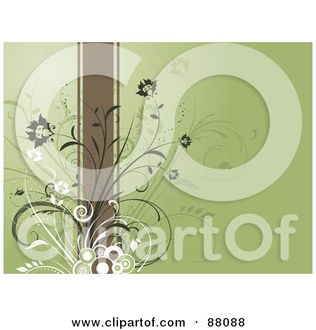 Royalty-Free (RF) Clipart Illustration of a Green Floral Background With Circles, Vines And A Brown Ribbon by KJ Pargeter