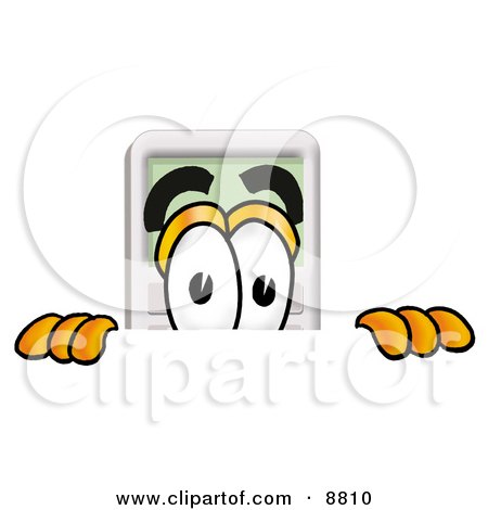 Clipart Picture of a Calculator Mascot Cartoon Character Peeking Over a Surface by Mascot Junction