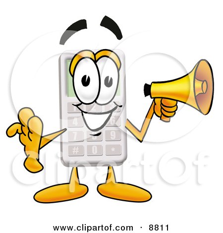 Clipart Picture of a Calculator Mascot Cartoon Character Holding a Megaphone by Mascot Junction