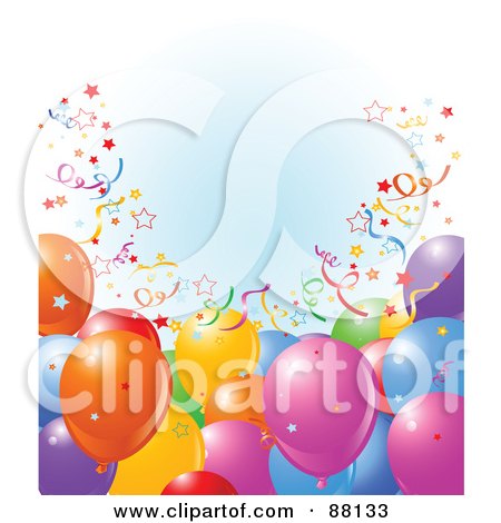Royalty-Free (RF) Clipart Illustration of a Border Of Colorful Balloons And Confetti Over Blue by Pushkin