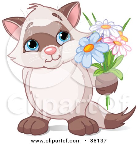Royalty-Free (RF) Clipart Illustration of an Adorable Kitten Holding Up Flowers by Pushkin