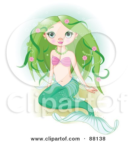 Royalty-Free (RF) Clipart Illustration of a Cute Mermaid With Green Floral Hair, Sitting On Sand by Pushkin